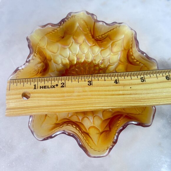 Vtg Dugan Amber Carnival Glass Bowl Ruffled Edge Peacock Tail Design Iridescent - Picture 7 of 8